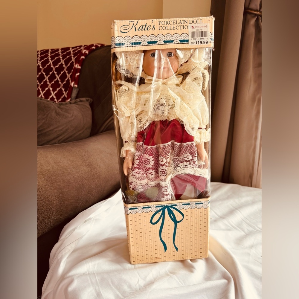 Porcelain Doll with Red and Cream Dress